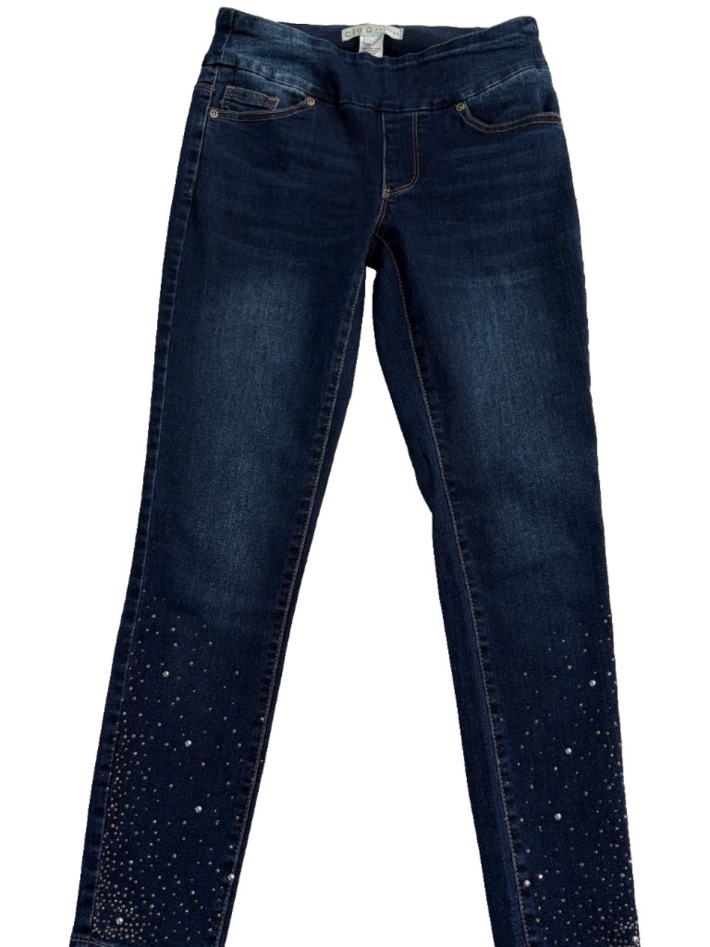 Cleo Petite Dark Wash Jeans Pull-On Skinny Rhinestone Embellished Denim Size 2P